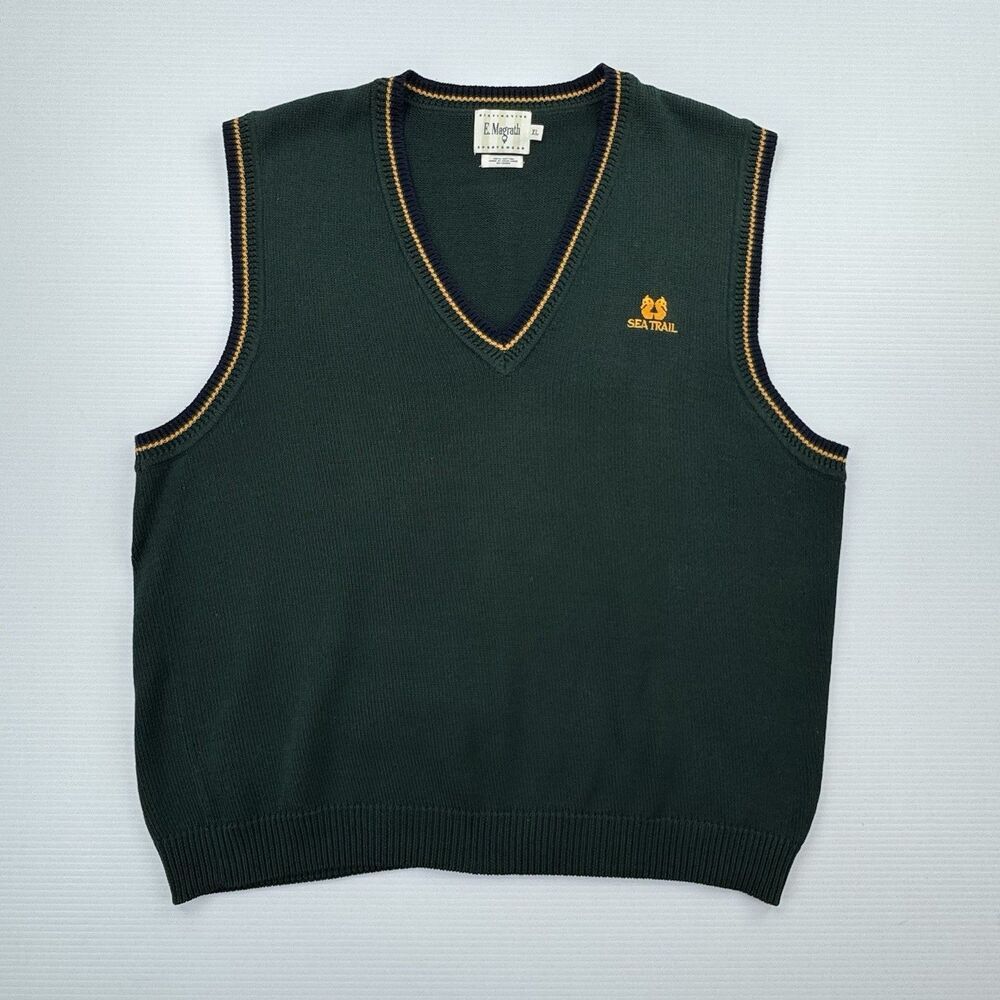Vintage E Magrath Sportswear Sweater Vest XL Green Cotton V-Neck Sea Trail Golf